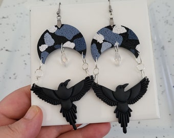 Celestial Raven Earrings, Corvid Earrings, Corvid jewelry, Crow jewelry, Raven jewelry, Goth earrings, Bird jewelry, Gothic Raven and Moon