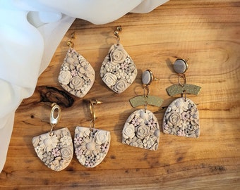 Neutral Floral Polymer Clay Drop Earrings: Beige Flower Dangles