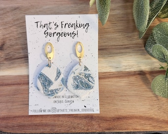 Mokume Gane Polymer Clay Dangle Earrings: Icy Blue & Gold