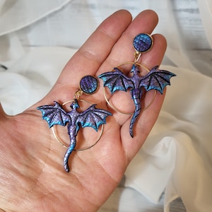 Gothic Flying Dragon Earrings, Purple Dragon, Dragon jewelry, Cosplay Earrings, Goth earrings, Medevil Earrings, Purple and Blue, Gothic