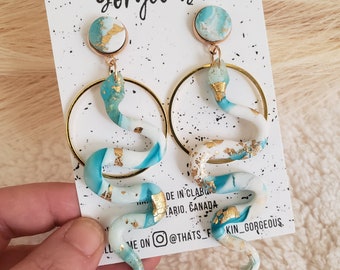 Turquoise, white and Gold Marble Snake Earrings, Snake Dangles, Blue marble, Long dangles, Polymer Clay Earrings, Made in Canada, clay snake