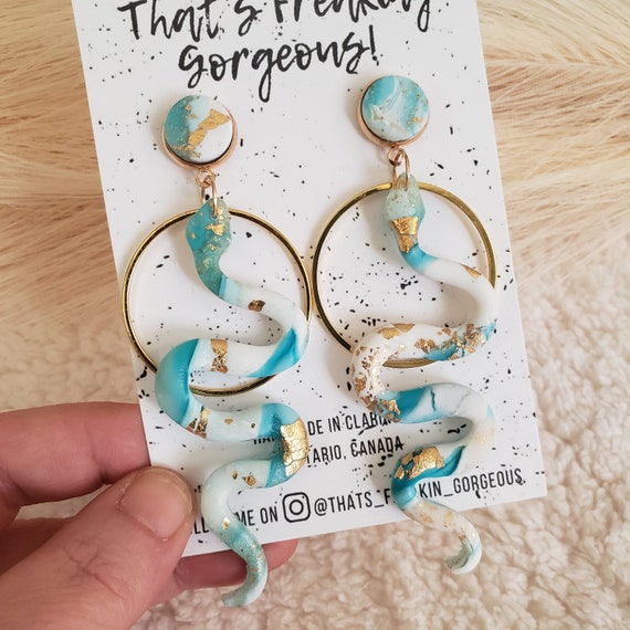 Turquoise, white and Gold Marble Snake Earrings, Snake Dangles, Blue marble, Long dangles, Polymer Clay Earrings, Made in Canada, clay snake