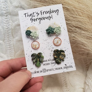 Polymer Clay Succulent & Monstera Stud Pack: Plant Lover Earrings
