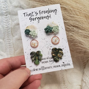 Polymer Clay Succulent and Monstera Stud Pack, Monstera Studs, Elegant Studs, Clip ons, Boho studs, foil resin studs, Plant lover earrings