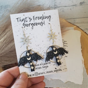 Celestial Raven Earrings, Asymmetrical Earrings, Corvid Earrings, Corvid jewelry, Crow jewelry, Raven jewelry, Goth earrings, Bird jewelry