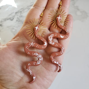 Sun Goddess Snake Earrings, Boho Snake Dangles, Pagan Snake dangles, Polymer Clay Earrings, Witchy earrings, clay snake earrings, Celestial