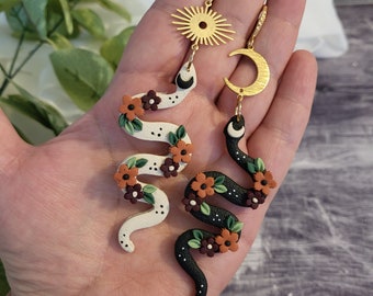 Mismatched Celestial Snake Earrings: Polymer Clay Boho Dangles