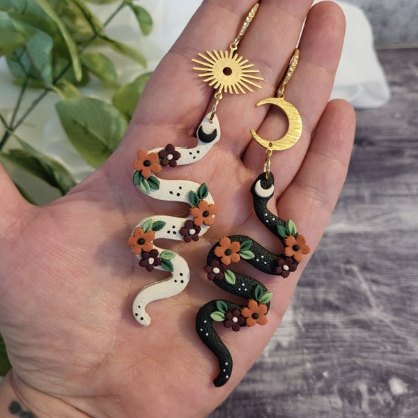 Mismatched Celestial Snake Earrings, Boho Snake Dangles, Pagan Snake dangles, Polymer Clay Earrings, Witchy earrings, clay snake earrings