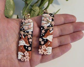 Handmade Polymer Clay Fox Earrings: Japanese Sakura Dangles