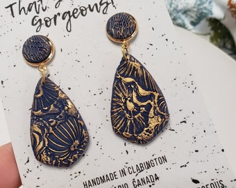 Navy and Gold Earrings, Textured Earrings, Statement Earring