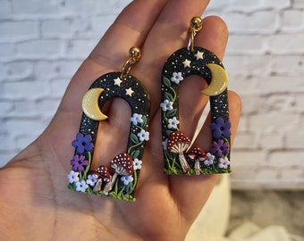 Amanita Mushrooms Night Garden Earrings, Moon Dangles, Luna dangles, Polymer Clay Earrings, Lunar Cycle, Moon Magic, Moon Child