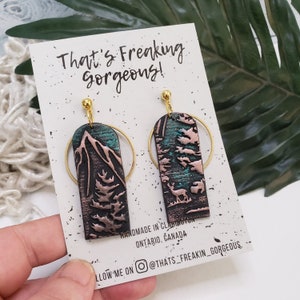 Night Forest Polymer Clay Earrings: Rose Gold Deer Mountainscape