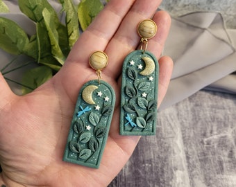 Polymer Clay Dark Green night garden with moon Dangle Earrings: Dragonfly Jewellery