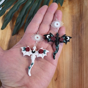 Gothic Flying Dragon Earrings, Black and white Dragon, Dragon jewelry, Cosplay Earrings, Goth earrings, Medevil Earring, Mismatched, Fantasy