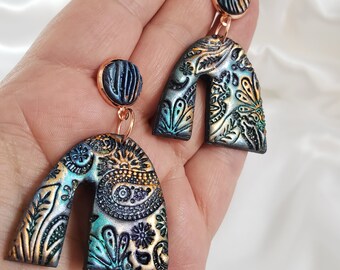 Handmade Paisley Arch Earrings: Metallic Rainbow Polymer Clay Dangles