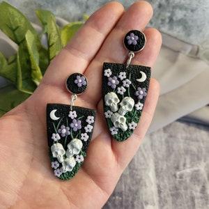 Bone Garden Earrings, Gothic Dangles,Skull Garden Earrings, Polymer Clay Floral Earrings, Gothic Statement Earrings, Floral Skull Earrings