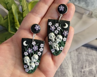 Bone Garden Earrings, Gothic Dangles,Skull Garden Earrings, Polymer Clay Floral Earrings, Gothic Statement Earrings, Floral Skull Earrings