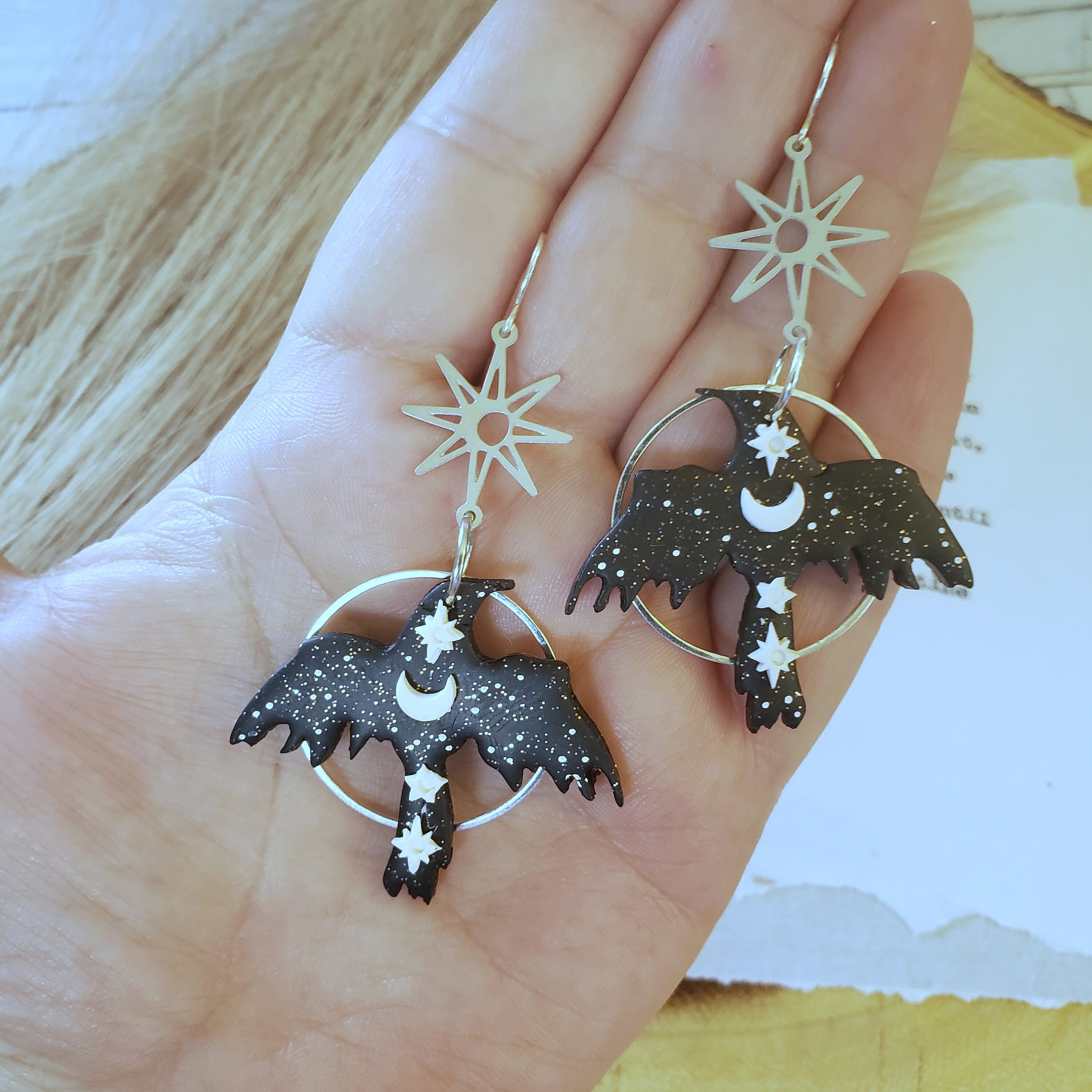 Asymmetrical Celestial Raven Earrings, Mismatched Raven Earrings, Corvid Earrings, Corvid jewelry, Crow jewelry, Goth earrings, Bird jewelry