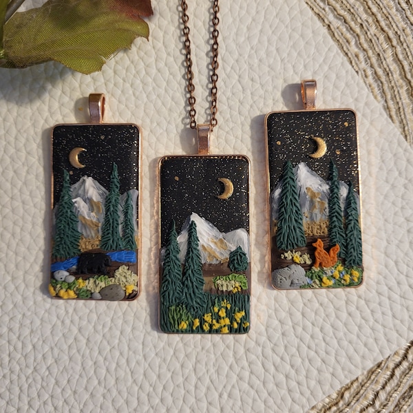 Sculpted Moutain Forest Necklace, Forest Pendant, Mountain Necklace, Landscape jewelry, Nature jewelry, Forest Lover, Made in Canada, Bear