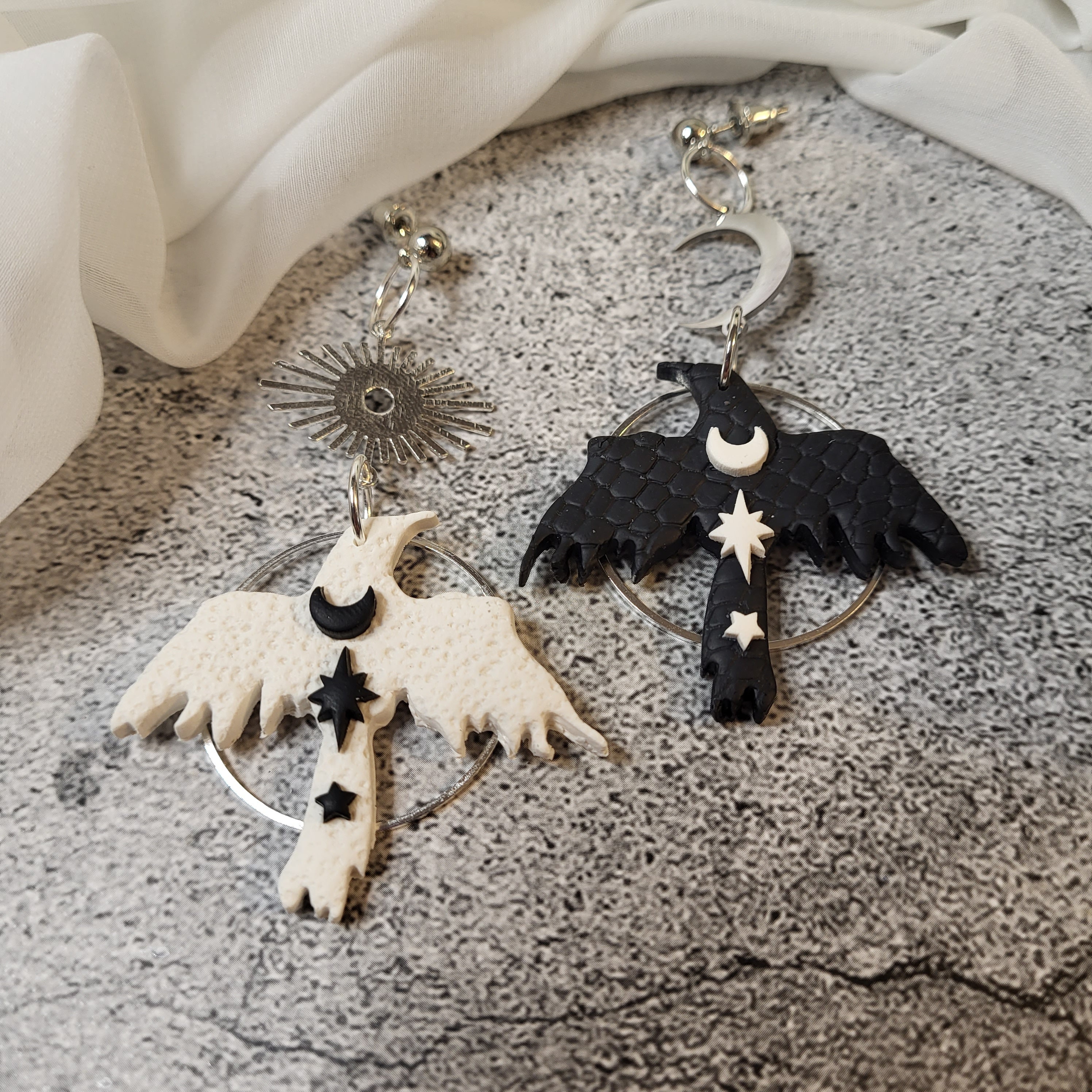 Asymmetrical Celestial Raven Earrings, Mismatched Raven Earrings, Corvid Earrings, Corvid jewelry, Crow jewelry, Goth earrings, Bird jewelry