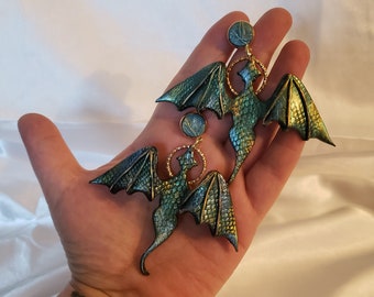 Gothic Flying Dragon Earrings, Green Dragon, Dragon jewelry, Cosplay Earrings, Goth earrings, Dragon Dangles, Medevil Earrings, Emerald