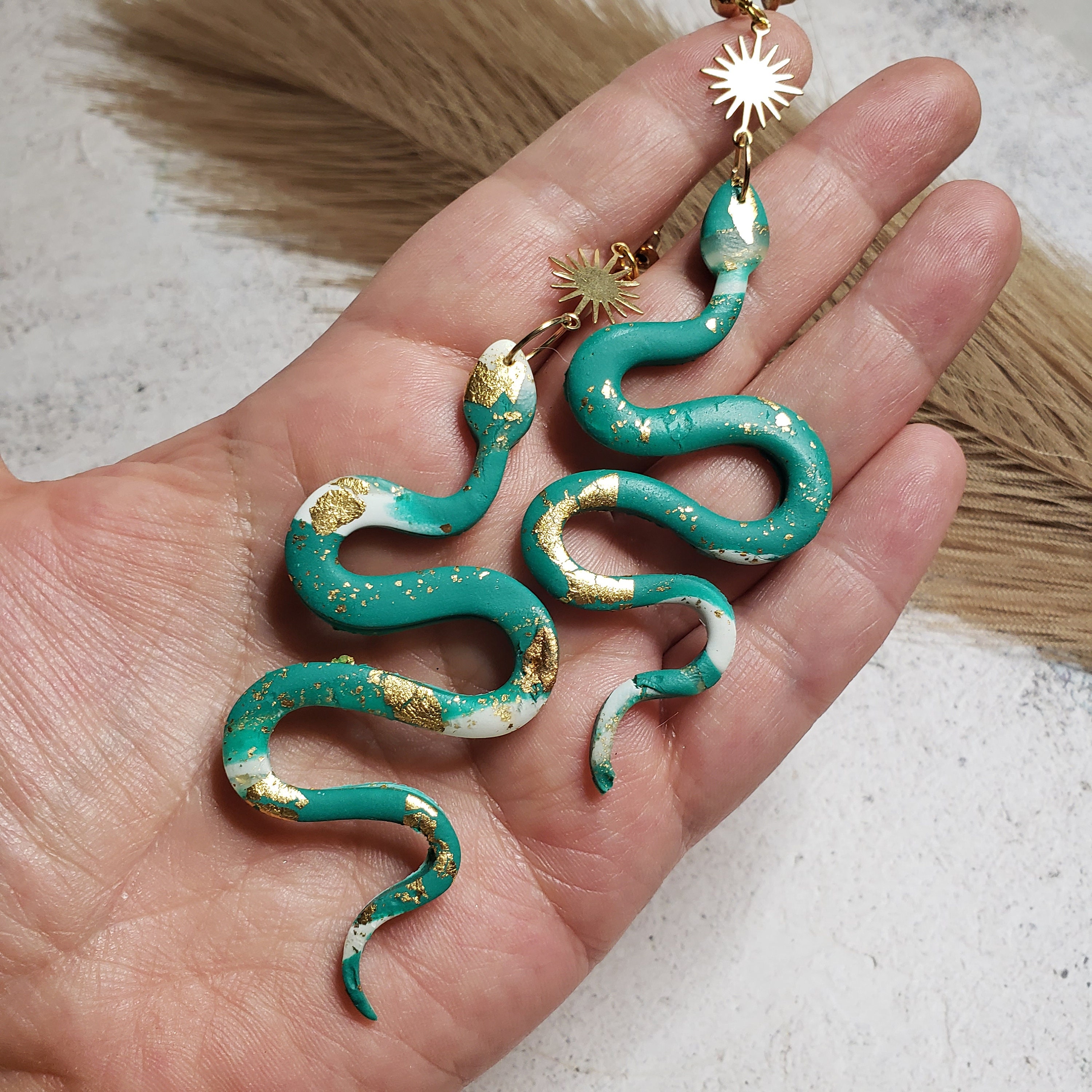 Emerald Green and Gold Marble Snake Earrings Snake Dangles -  Portugal