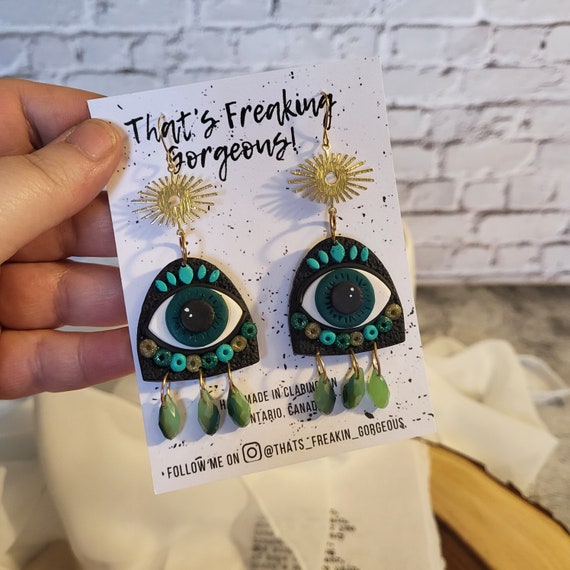 Green Evil Eye Earrings, Third Eye Earrings, Evil Eye Ojo Earrings 