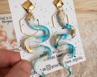 Marble Snake Earrings, Snake Dangles, Elegant dangles, Polymer Clay Earrings, Handmade jewelry, clay snakes, Blue earrings, Pink Earrings