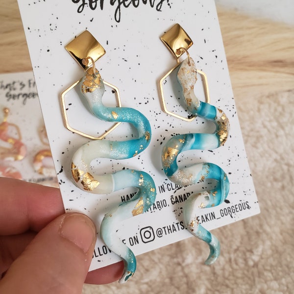 Marble Snake Earrings, Snake Dangles, Elegant dangles, Polymer Clay Earrings, Handmade jewelry, clay snakes, Blue earrings, Pink Earrings