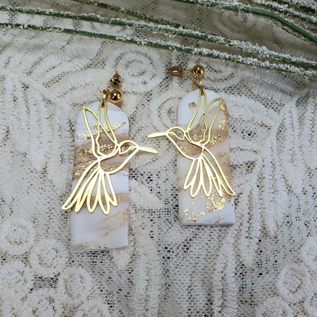 COLIBRI Earrings. White, Pink and Gold leaf Polymer Clay statement