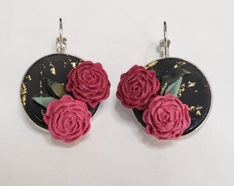 Polymer Clay Studs, Black Rose Studs, Black Marble Stud, Rose Studs, Elegant Studs, Clip ons, Boho studs, Rose earrings, Black and red rose