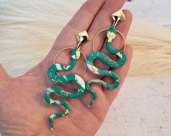 Emerald Green and Gold Marble Snake Earrings Snake Dangles -  Portugal