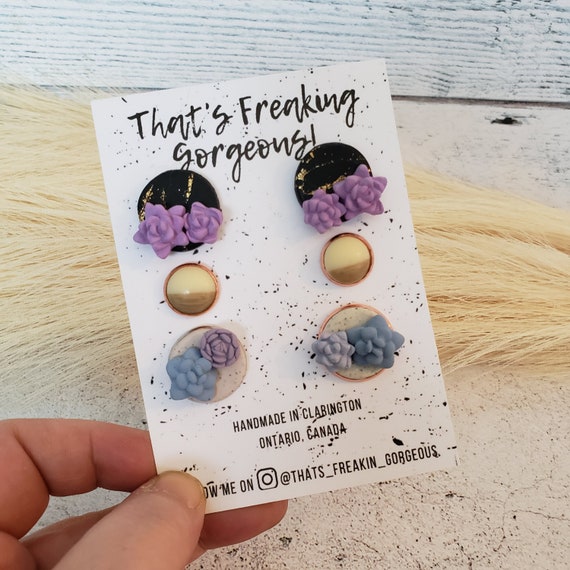 3 pack stud polymer clay earrings with resin