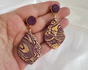 Burgundy Gold Textured Earrings: Boho Statement Jewelry