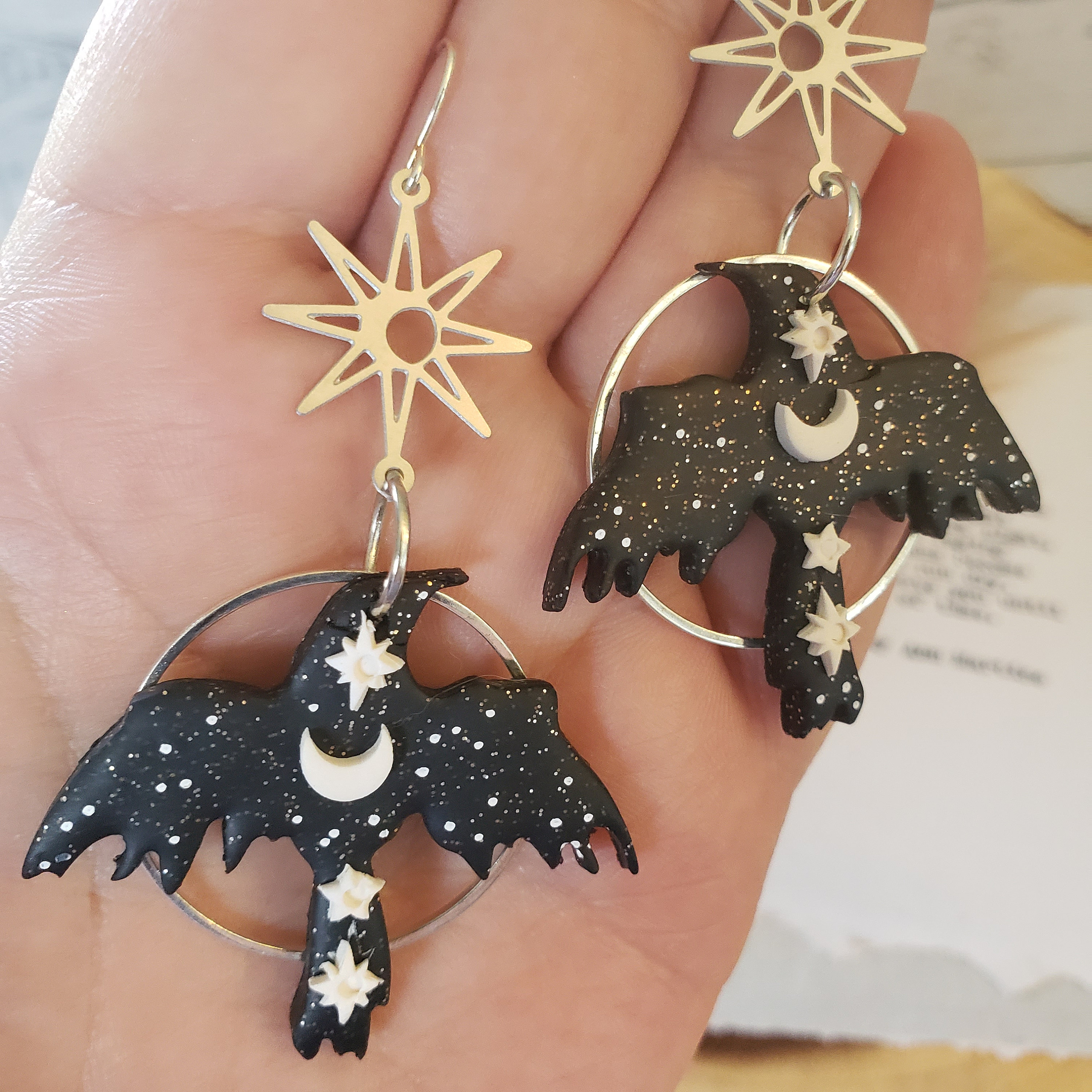 Asymmetrical Celestial Raven Earrings, Mismatched Raven Earrings, Corvid Earrings, Corvid jewelry, Crow jewelry, Goth earrings, Bird jewelry