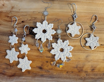 Polymer Clay Snowflake Earrings: Winter Dangles, Rhinestone Charms