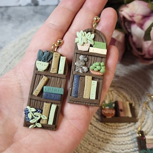 Handmade Polymer Clay Bookcase Earrings: Book Lover Gift