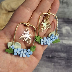 Hydrangea and Bumblebee Hoop Earrings, Floral Statement earrings, Floral hoops, Floral Dangles, Hydrangea flowers, Statement jewelry