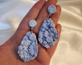 Soft Blue Floral Garden drop earrings, Statement earrings, Floral drops, Floral Dangles, Blue Flowers, statement jewelry, Blue Flower Drops