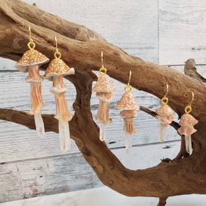 Hand-Painted Crystal Mushroom Earrings: Polymer Clay Toadstool Dangles