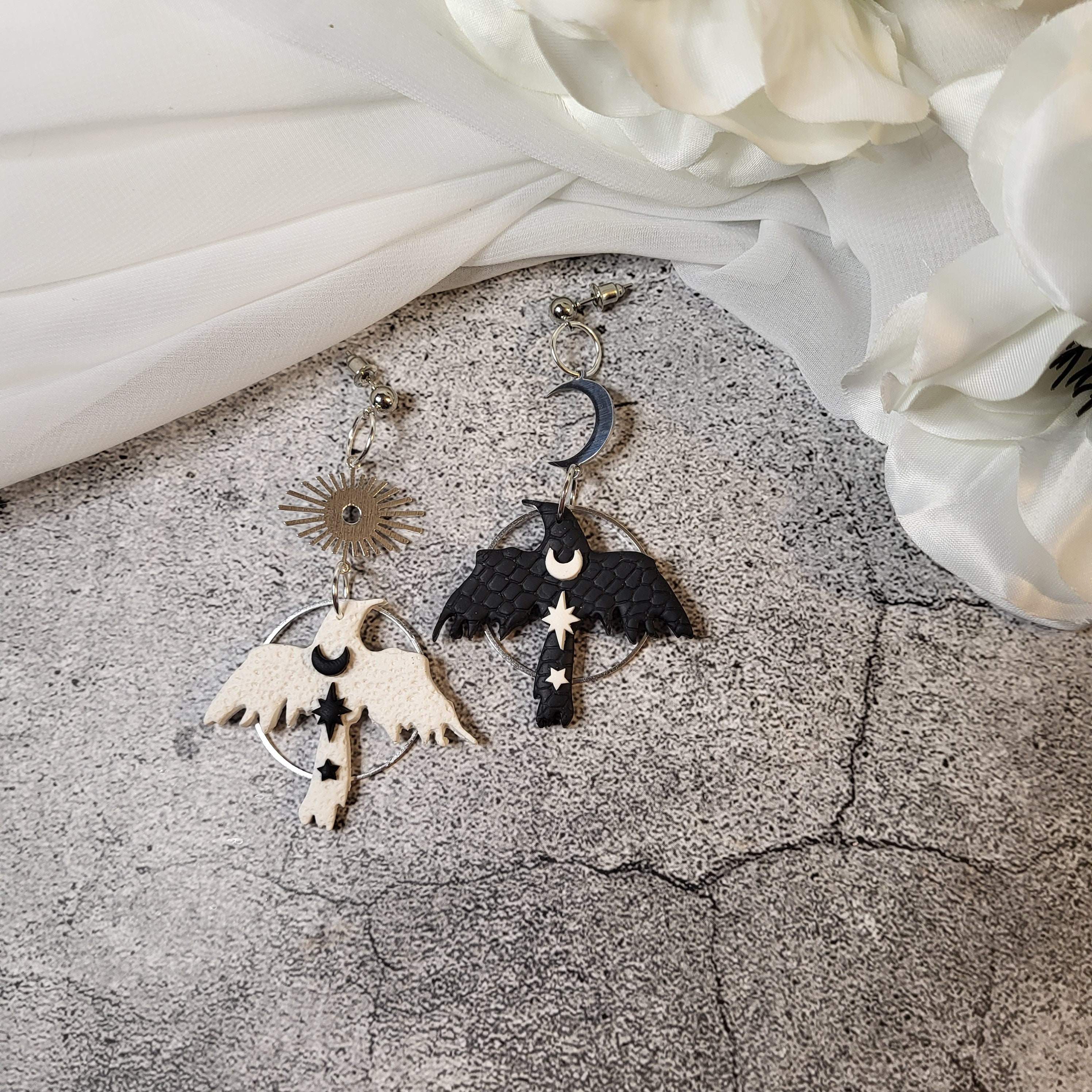 Asymmetrical Celestial Raven Earrings, Mismatched Raven Earrings, Corvid Earrings, Corvid jewelry, Crow jewelry, Goth earrings, Bird jewelry