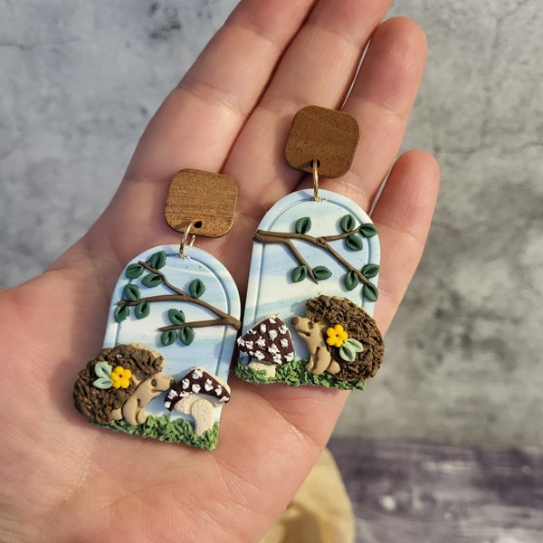 Hedgehog Earrings, Forest Creature Dangles, Spring Statement, Forest Lover Earrings, Hedgehog Lover, Cottage Core Earrings, Floral Hedgehogs