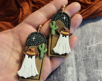 Cowboy Ghost Dangle Earrings: Polymer Clay Halloween Jewelry