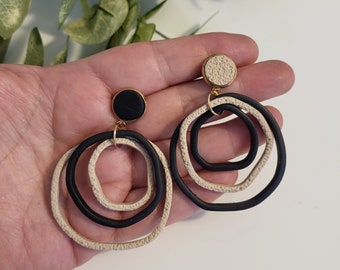 Mismatched Clay Hoop Earrings: Black and Beige Statement Jewelry