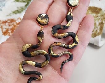 Gold Foil Snake Earrings - Snake Dangles - Elegant dangles - Polymer Clay Earrings - Handmade jewelry - clay snakes - snake earrings, snake