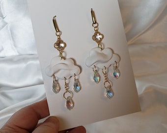 Pillow Cloud Dangle Earrings: Polymer Clay Raindrops, Statement Jewelry