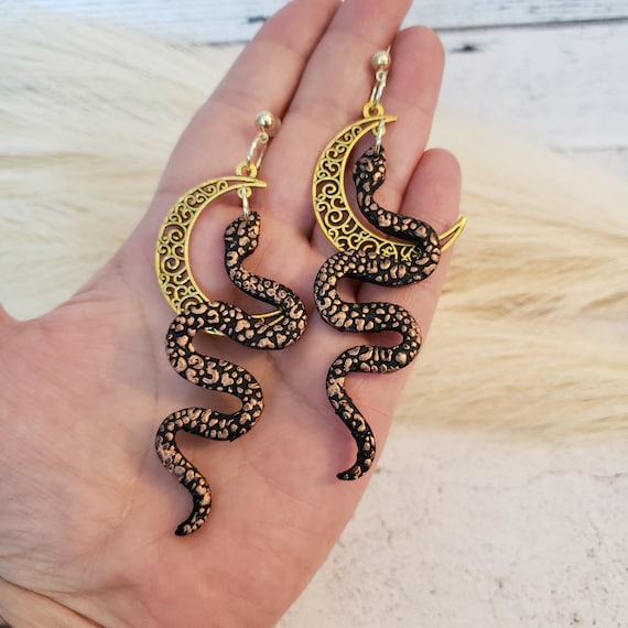 Copper and Bronze Leopard Snake Earrings Celestial Snake Dangles