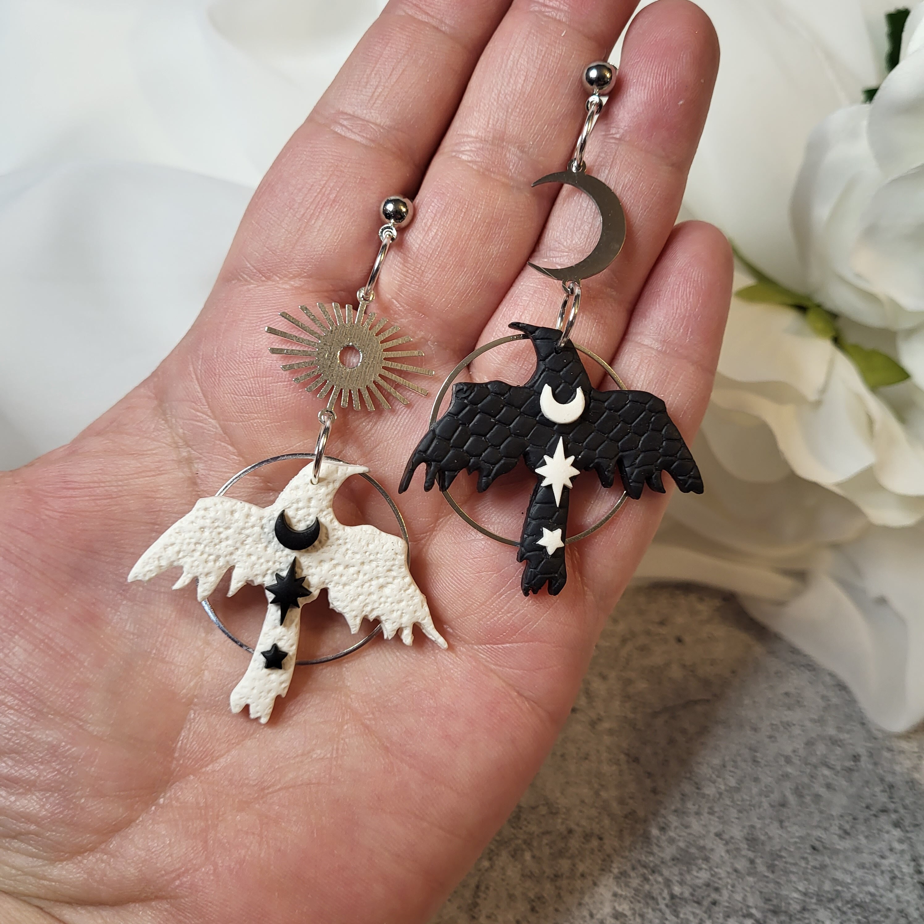 Asymmetrical Celestial Raven Earrings, Mismatched Raven Earrings, Corvid Earrings, Corvid jewelry, Crow jewelry, Goth earrings, Bird jewelry