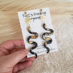 Celestial Gold Foil Snake Earrings - Boho Snake Dangles, Pagan Snake dangles, Polymer Clay Earrings, Witchy, clay snakes, snake earrings