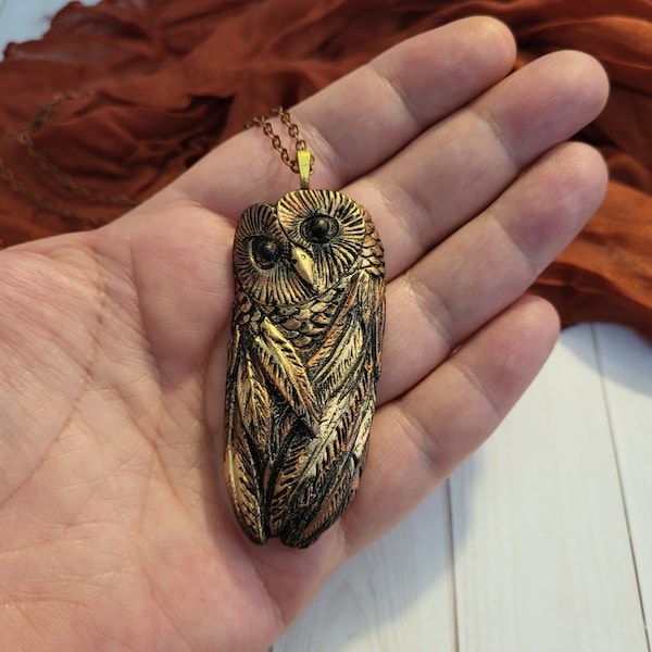 Gold Gilded Barn Owl Pendant, Barn Owl Necklace, Polymer Clay Necklace, Clay Birds, Owl Spirit Pendant, Owl Jewelry, Owl Pendant